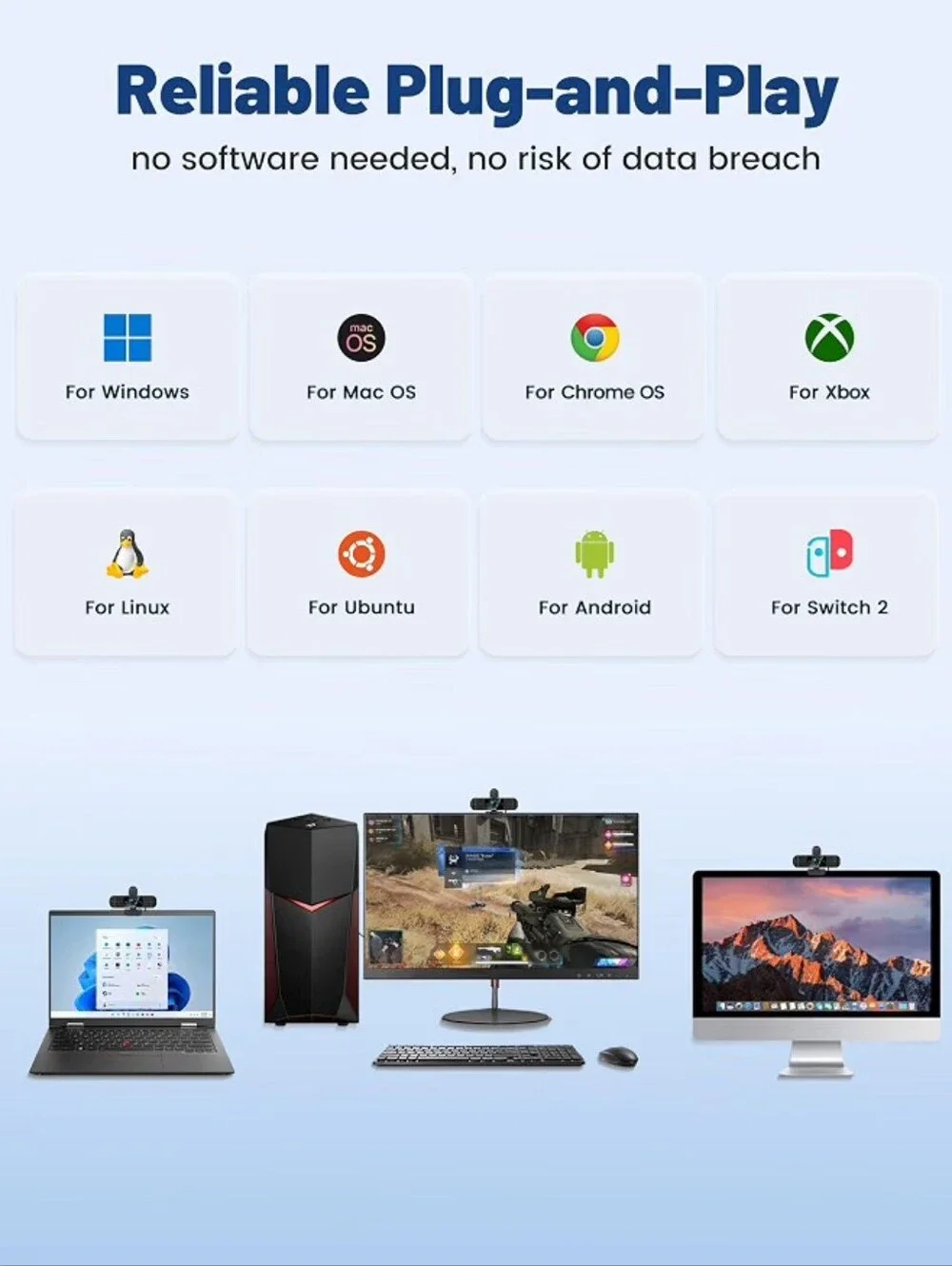 UHD 4K Webcam with Built-in Dual Mics, Wide-Angle Lens, Privacy Cover, Tripod